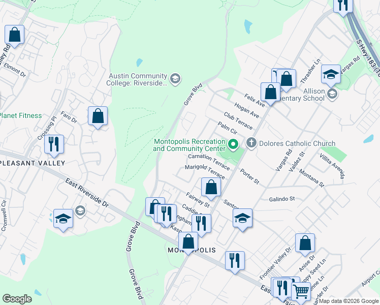 map of restaurants, bars, coffee shops, grocery stores, and more near 6000 Carnation Terrace in Austin