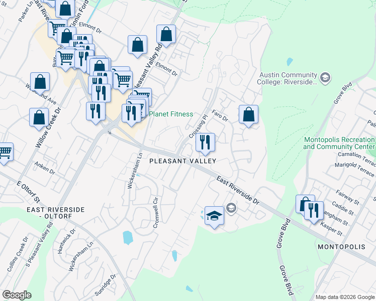 map of restaurants, bars, coffee shops, grocery stores, and more near 1901 Crossing Place in Austin