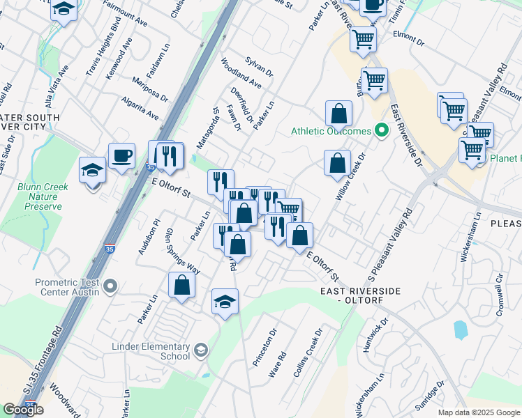 map of restaurants, bars, coffee shops, grocery stores, and more near 2124 Burton Drive in Austin