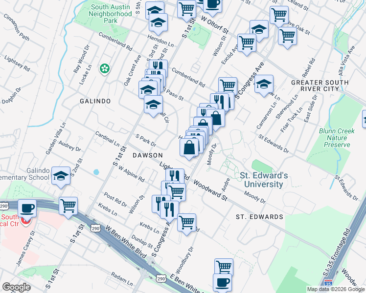 map of restaurants, bars, coffee shops, grocery stores, and more near 3103 Fontana Drive in Austin