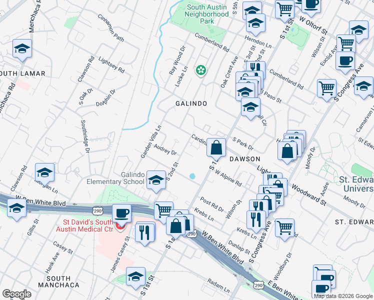 map of restaurants, bars, coffee shops, grocery stores, and more near 708 Gamez Cove in Austin