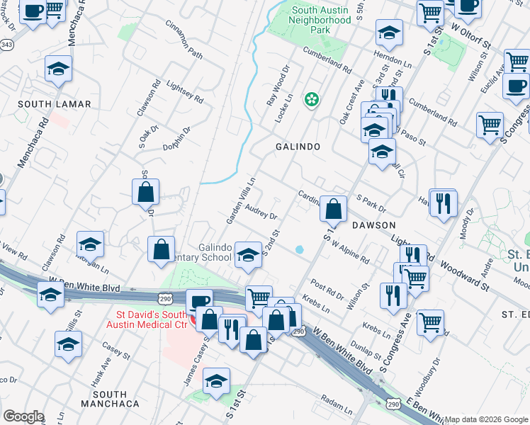 map of restaurants, bars, coffee shops, grocery stores, and more near 3601 Villa Court in Austin