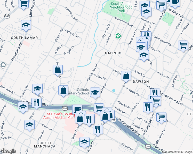 map of restaurants, bars, coffee shops, grocery stores, and more near 3606 Audrey Drive in Austin