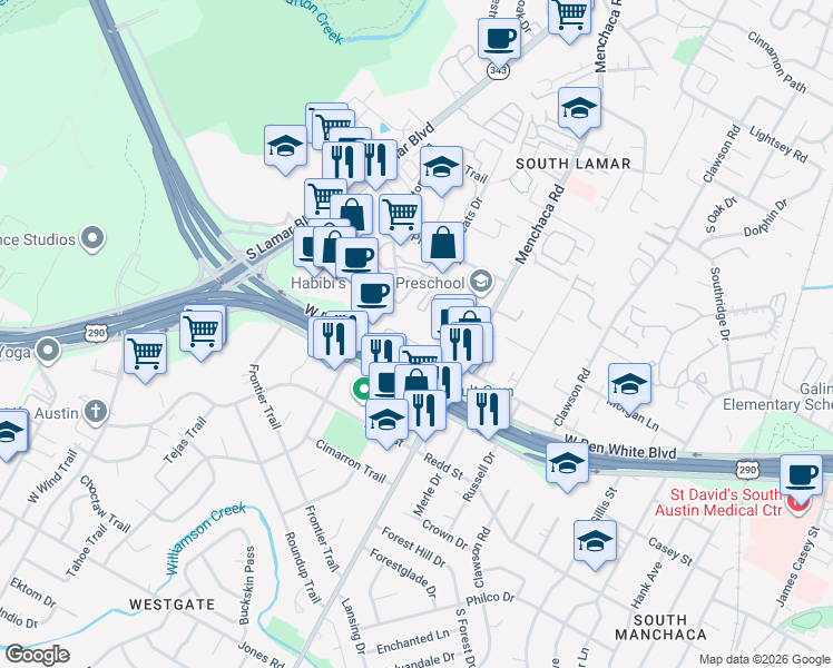 map of restaurants, bars, coffee shops, grocery stores, and more near 2110 Fort View Road in Austin