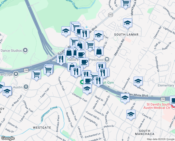 map of restaurants, bars, coffee shops, grocery stores, and more near 4303 Victory Drive in Austin