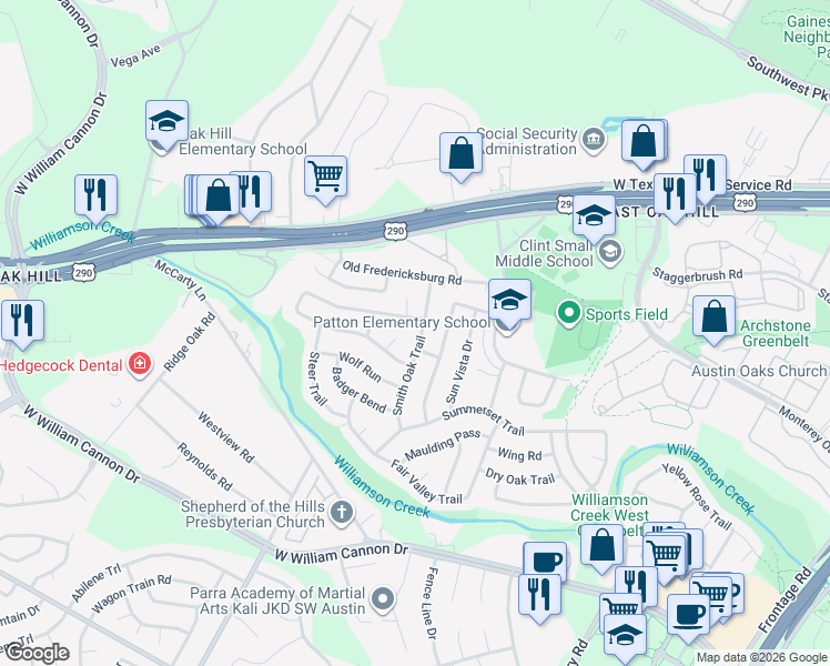 map of restaurants, bars, coffee shops, grocery stores, and more near 5405 Porsche Lane in Austin