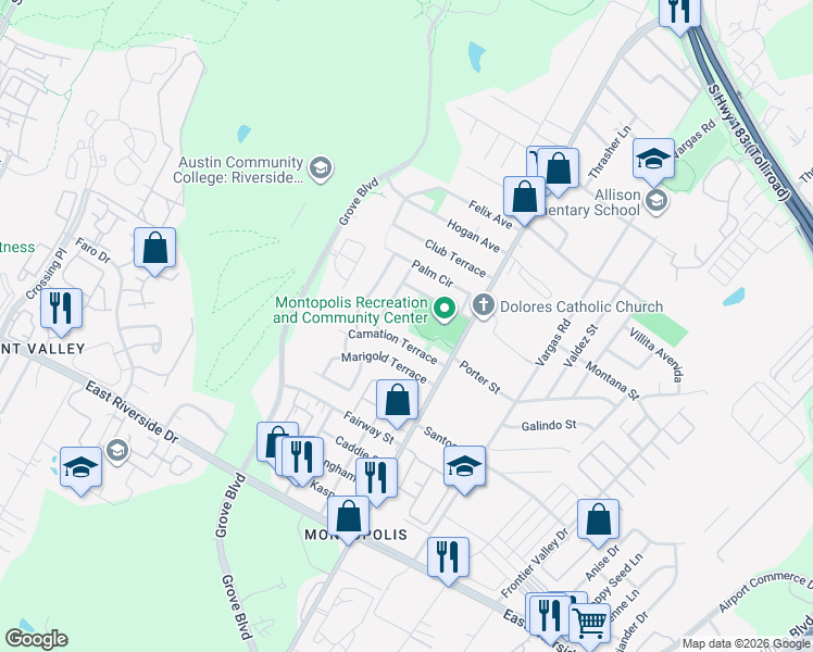 map of restaurants, bars, coffee shops, grocery stores, and more near 6106 Begonia Circle in Austin