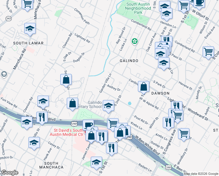map of restaurants, bars, coffee shops, grocery stores, and more near 3606 Audrey Drive in Austin