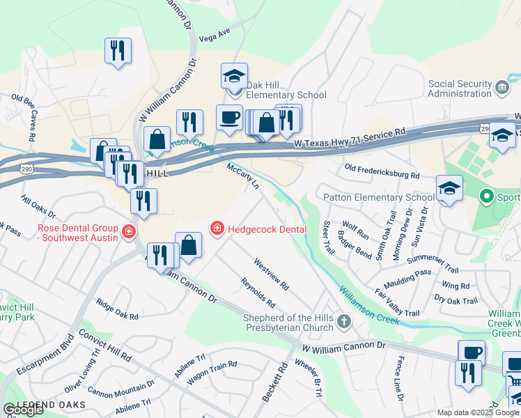 map of restaurants, bars, coffee shops, grocery stores, and more near 6405 Ridge Oak Road in Austin