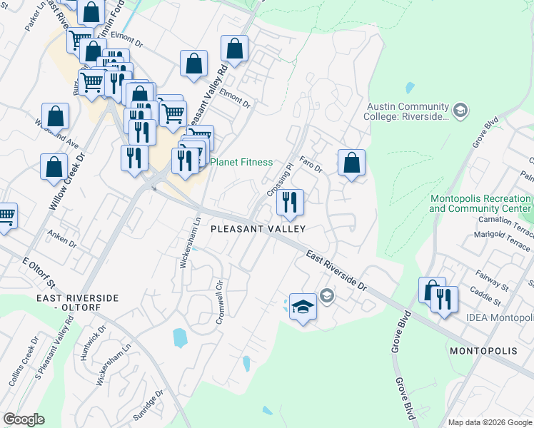 map of restaurants, bars, coffee shops, grocery stores, and more near 1901 Crossing Place in Austin