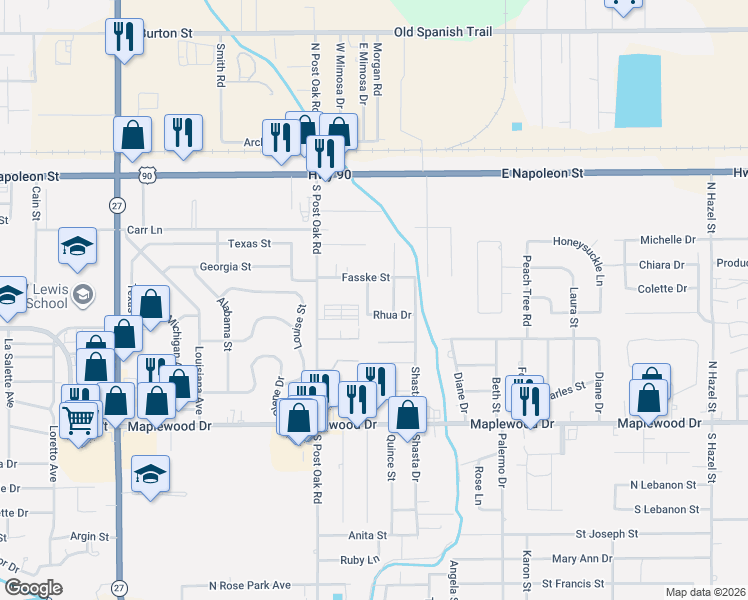 map of restaurants, bars, coffee shops, grocery stores, and more near 2513 Fasske Street in Sulphur