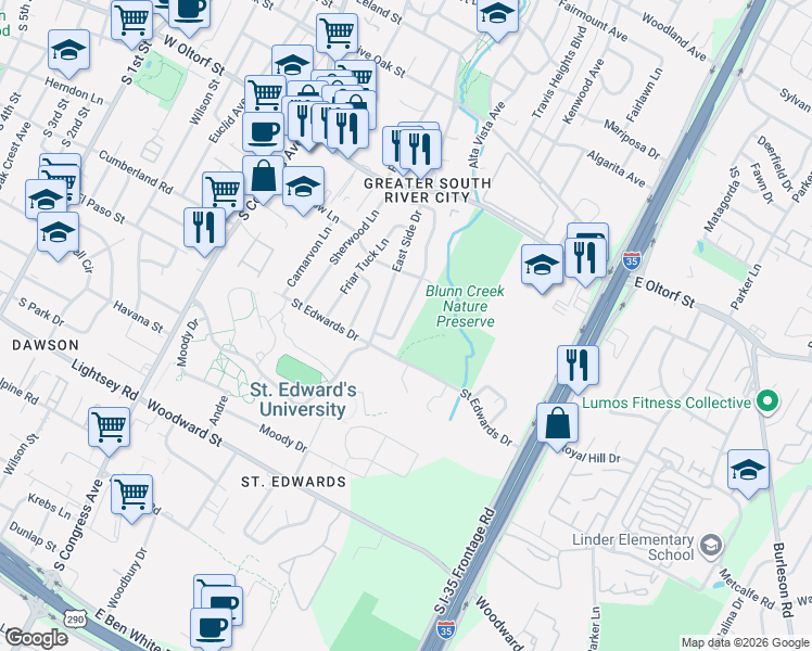 map of restaurants, bars, coffee shops, grocery stores, and more near 2703 Little John Lane in Austin