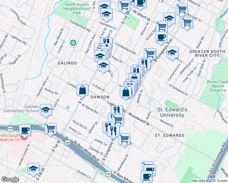 map of restaurants, bars, coffee shops, grocery stores, and more near 3111 Fontana Dr in Austin