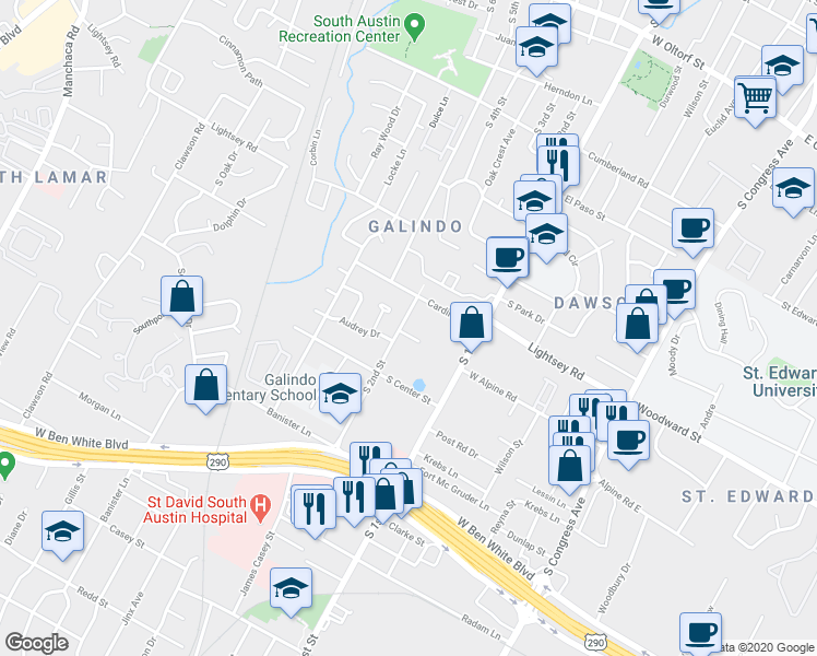 map of restaurants, bars, coffee shops, grocery stores, and more near 708 Gamez Cove in Austin