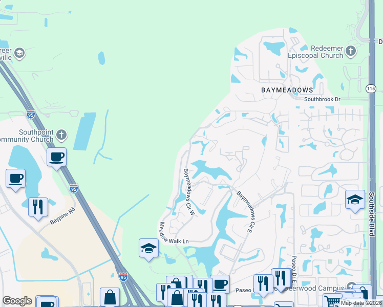map of restaurants, bars, coffee shops, grocery stores, and more near 7701 Baymeadows Circle West in Jacksonville