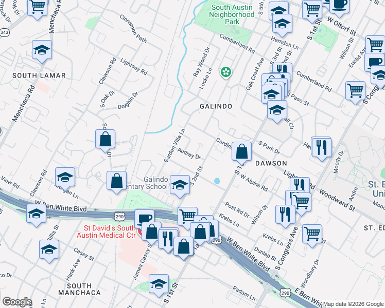 map of restaurants, bars, coffee shops, grocery stores, and more near 3601 Villa Court in Austin