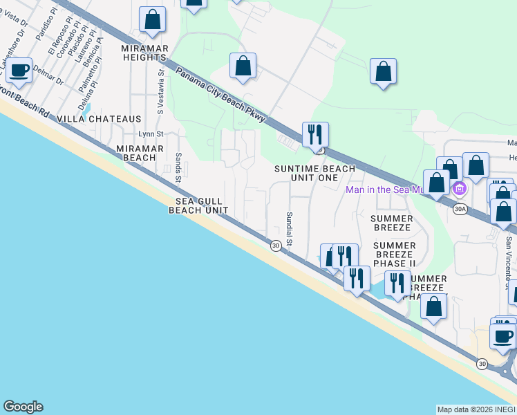 map of restaurants, bars, coffee shops, grocery stores, and more near 17620 Front Beach Road in Panama City Beach