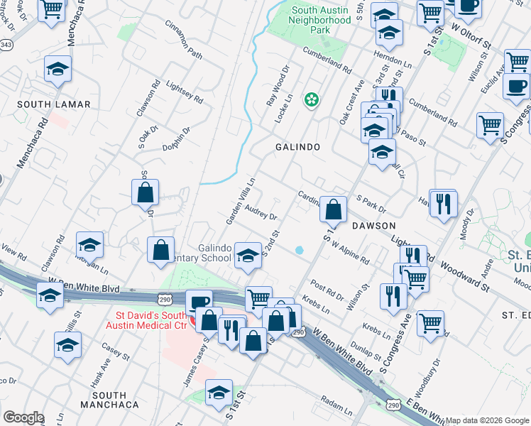 map of restaurants, bars, coffee shops, grocery stores, and more near 3606 Villa Court in Austin