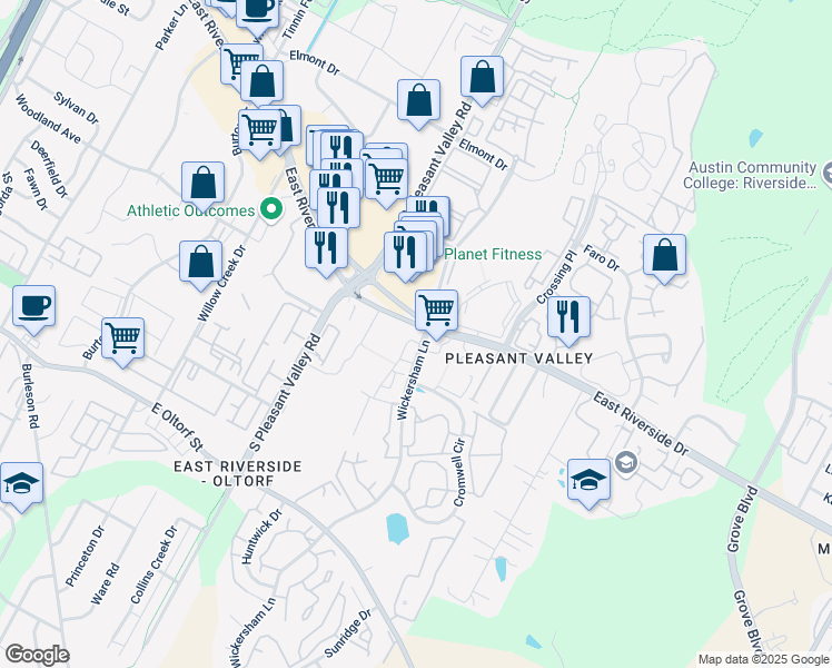 map of restaurants, bars, coffee shops, grocery stores, and more near 2100 Wickersham Lane in Austin