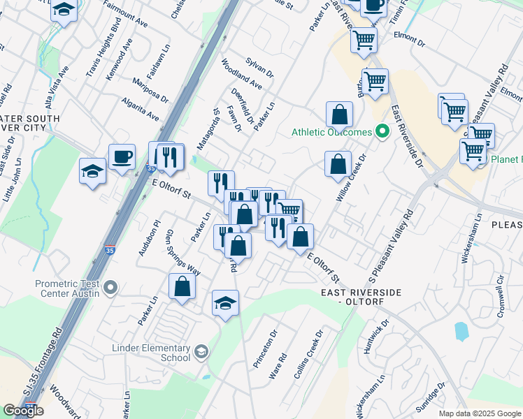 map of restaurants, bars, coffee shops, grocery stores, and more near 2124 Burton Drive in Austin