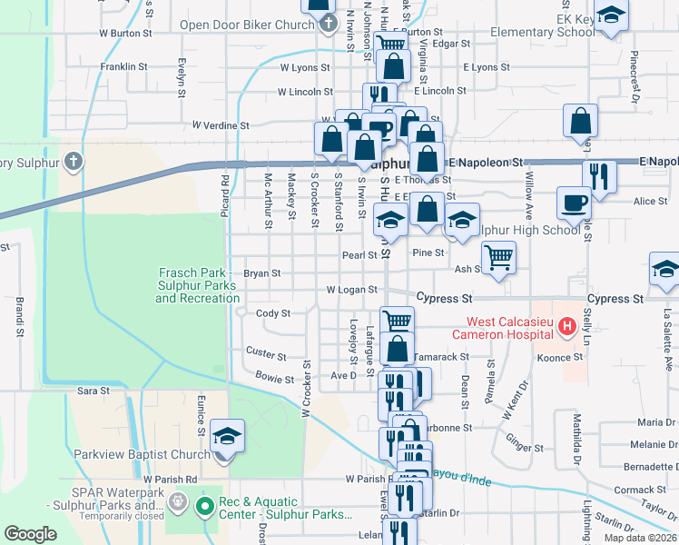 map of restaurants, bars, coffee shops, grocery stores, and more near 798 S Stanford St in Sulphur