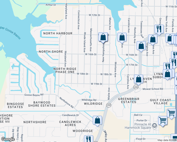 map of restaurants, bars, coffee shops, grocery stores, and more near 1704 Massachusetts Avenue in Lynn Haven