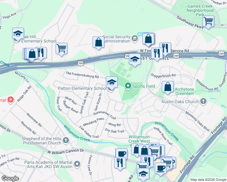 map of restaurants, bars, coffee shops, grocery stores, and more near 6001 Westcreek Drive in Austin