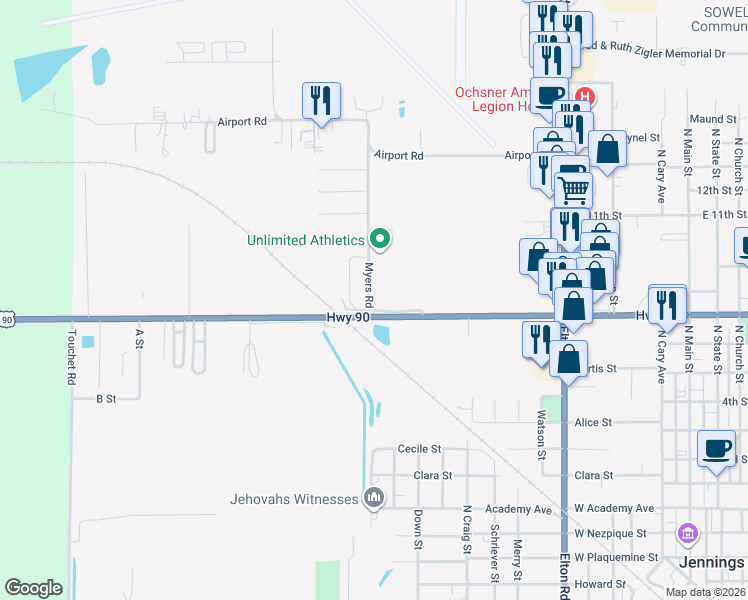 map of restaurants, bars, coffee shops, grocery stores, and more near 1278 Myers Road in Jennings