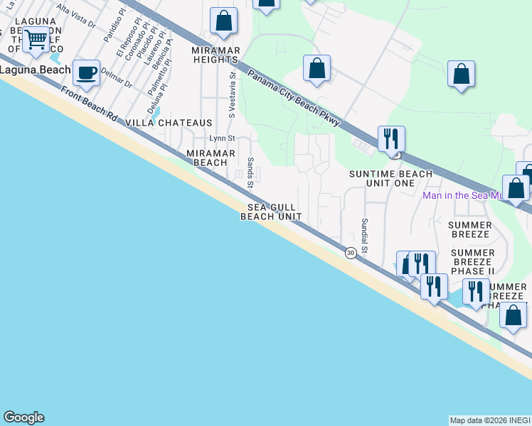 map of restaurants, bars, coffee shops, grocery stores, and more near 17719 Front Beach Road in Panama City Beach