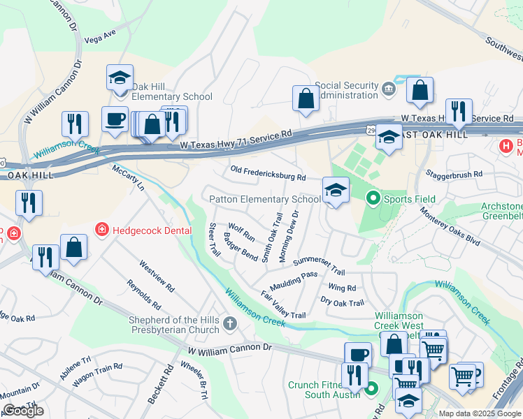map of restaurants, bars, coffee shops, grocery stores, and more near 5405 Porsche Lane in Austin