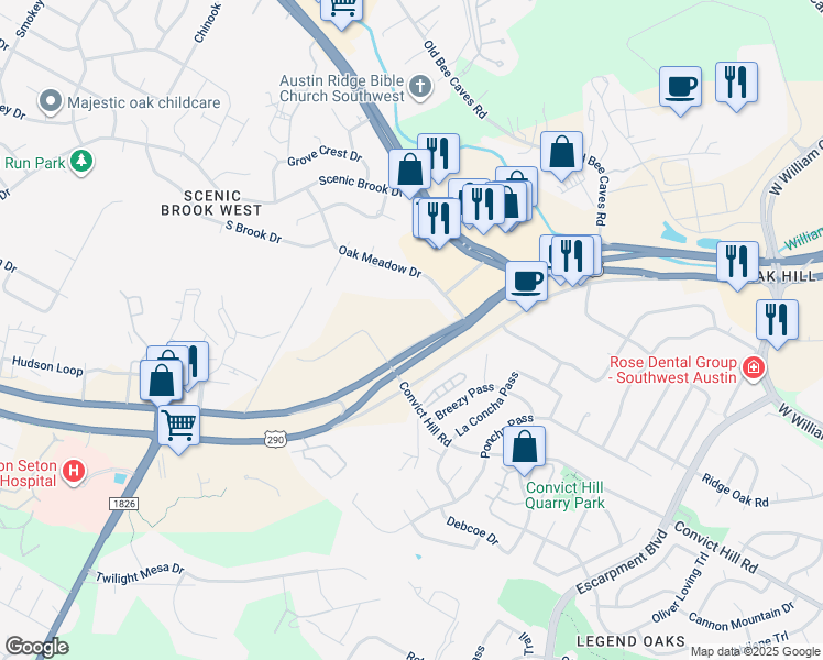 map of restaurants, bars, coffee shops, grocery stores, and more near 7890 U.S. 290 in Austin