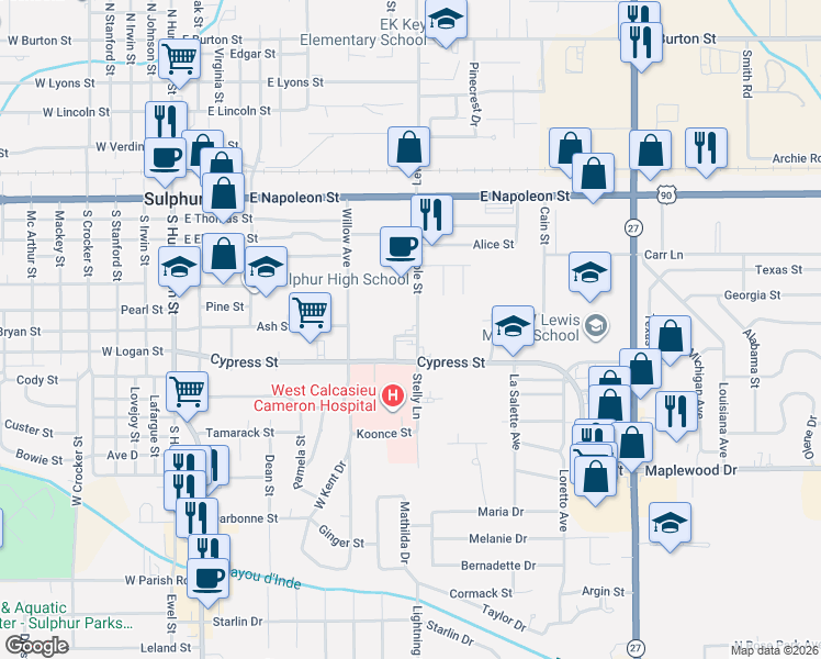 map of restaurants, bars, coffee shops, grocery stores, and more near 642 Maple St in Sulphur