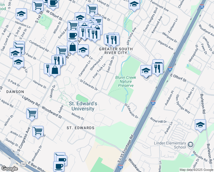 map of restaurants, bars, coffee shops, grocery stores, and more near 2702 Little John Lane in Austin