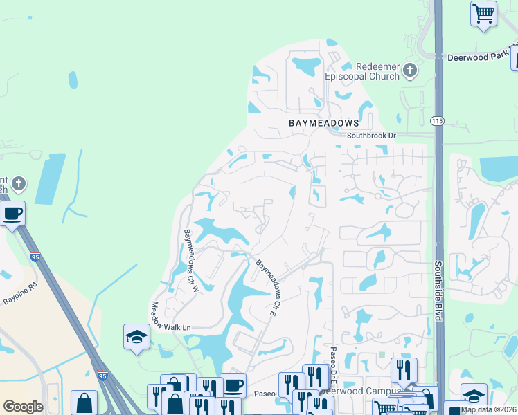 map of restaurants, bars, coffee shops, grocery stores, and more near 7709 Las Palmas Way in Jacksonville
