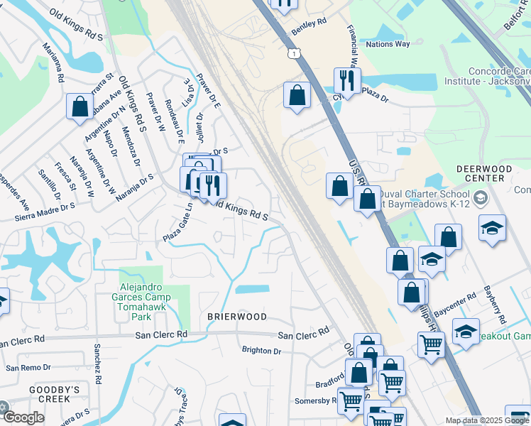 map of restaurants, bars, coffee shops, grocery stores, and more near 8205 San Jose Manor Court in Jacksonville