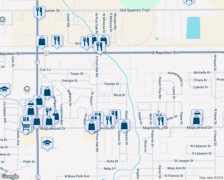 map of restaurants, bars, coffee shops, grocery stores, and more near 2513 Fasske Street in Sulphur