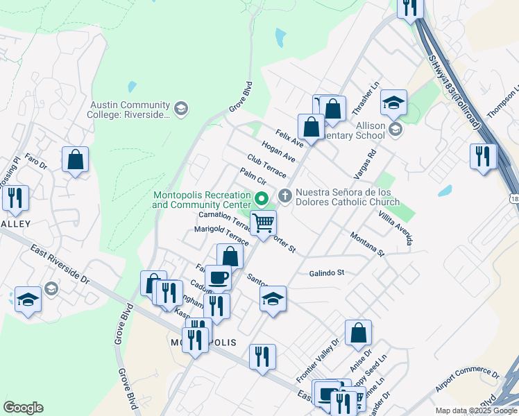 map of restaurants, bars, coffee shops, grocery stores, and more near 6210 Larch Terrace in Austin