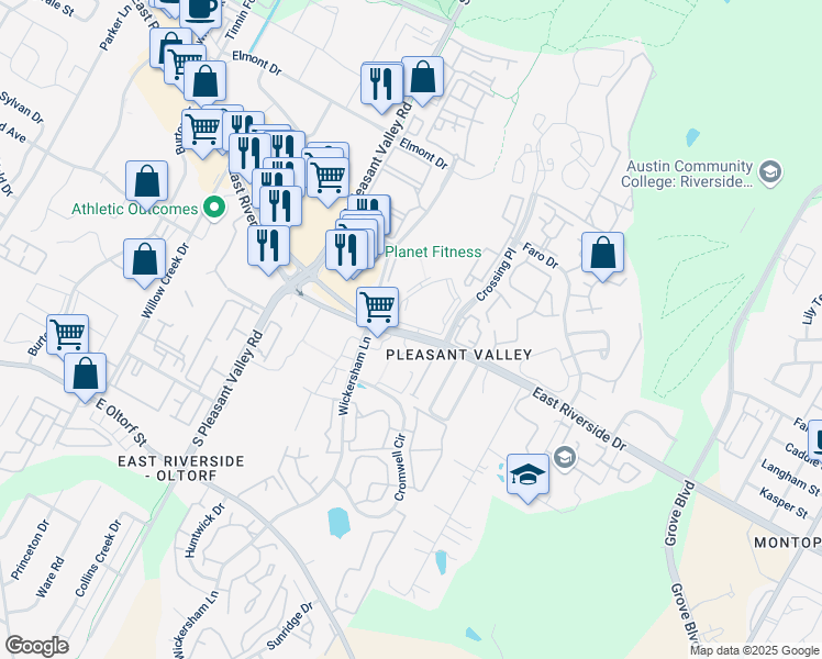 map of restaurants, bars, coffee shops, grocery stores, and more near 2 East Riverside Drive in Austin