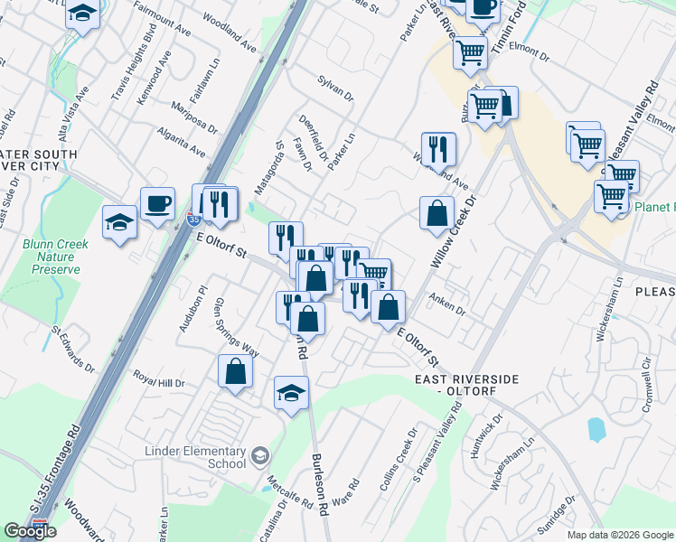 map of restaurants, bars, coffee shops, grocery stores, and more near 2124 Burton Drive in Austin