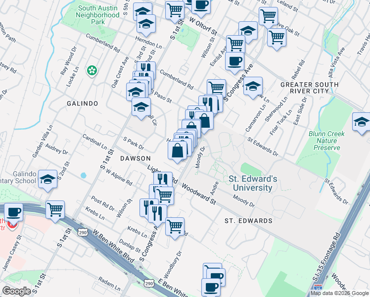 map of restaurants, bars, coffee shops, grocery stores, and more near 112 Havana Street in Austin