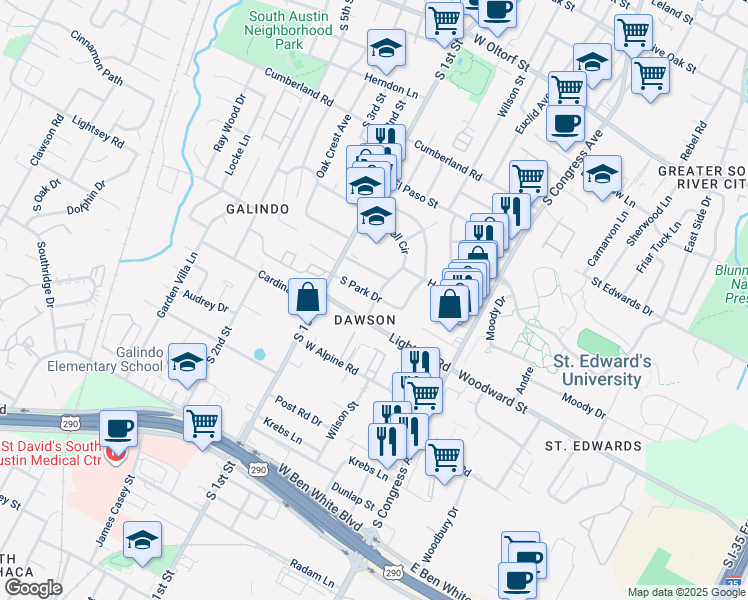 map of restaurants, bars, coffee shops, grocery stores, and more near 505 South Park Drive in Austin