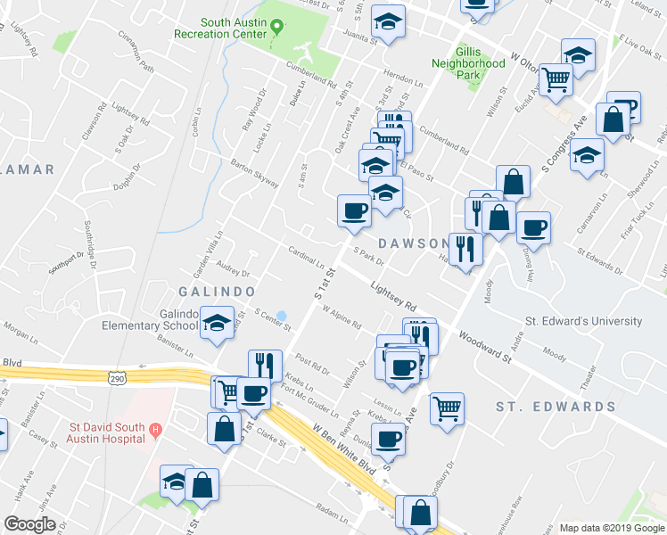 map of restaurants, bars, coffee shops, grocery stores, and more near 520 Lightsey Road in Austin