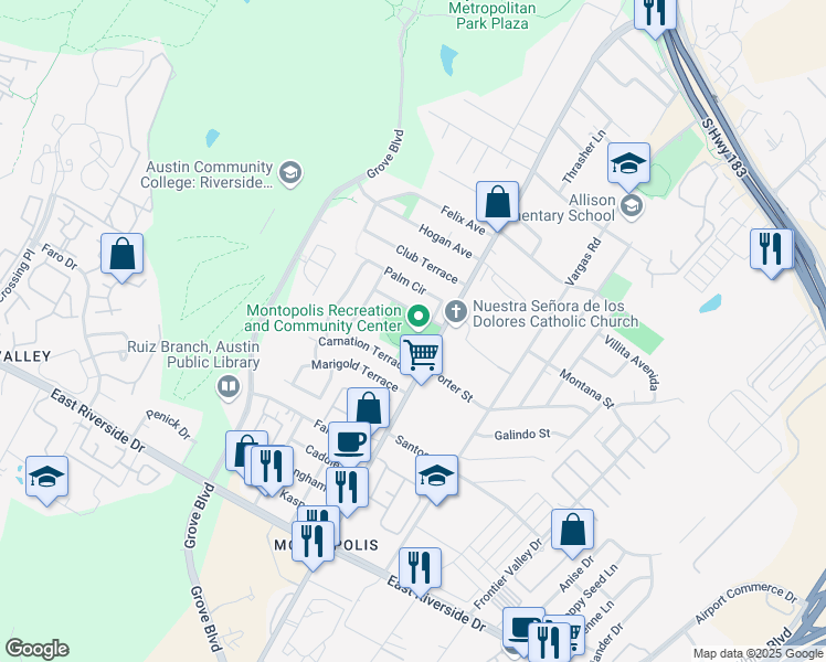 map of restaurants, bars, coffee shops, grocery stores, and more near 6209 Larch Terrace in Austin