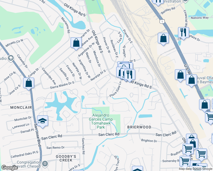 map of restaurants, bars, coffee shops, grocery stores, and more near 8173 Sutton Place North in Jacksonville
