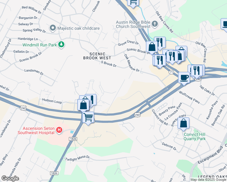 map of restaurants, bars, coffee shops, grocery stores, and more near 7870 U.S. 290 in Austin