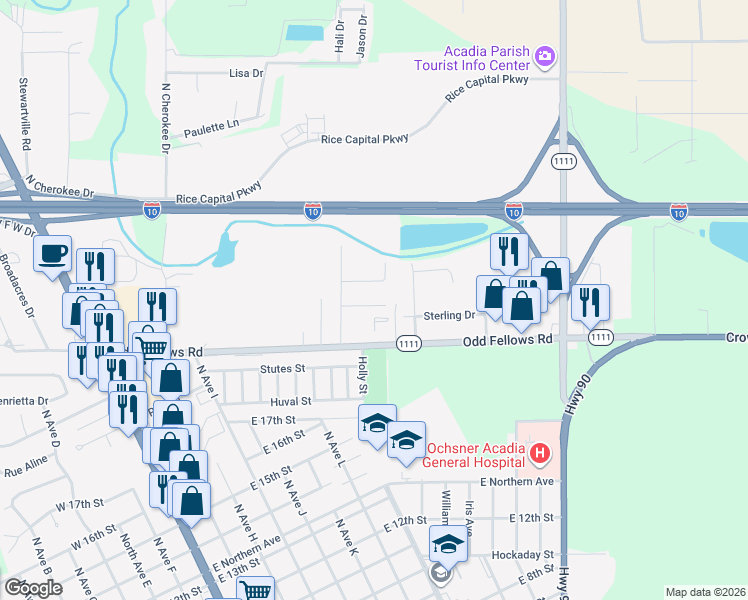 map of restaurants, bars, coffee shops, grocery stores, and more near 221 Glenwood Avenue in Crowley
