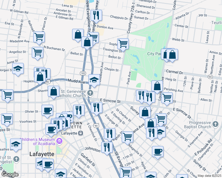 map of restaurants, bars, coffee shops, grocery stores, and more near 338 North Sterling Street in Lafayette