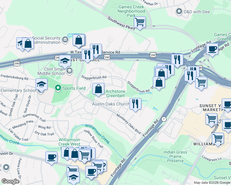 map of restaurants, bars, coffee shops, grocery stores, and more near 4308 Staggerbrush Road in Austin