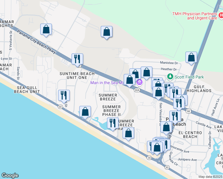 map of restaurants, bars, coffee shops, grocery stores, and more near 105 Biscayne Drive in Panama City Beach
