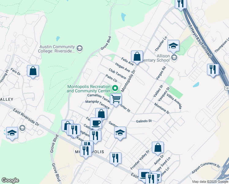 map of restaurants, bars, coffee shops, grocery stores, and more near 1200 Montopolis Drive in Austin